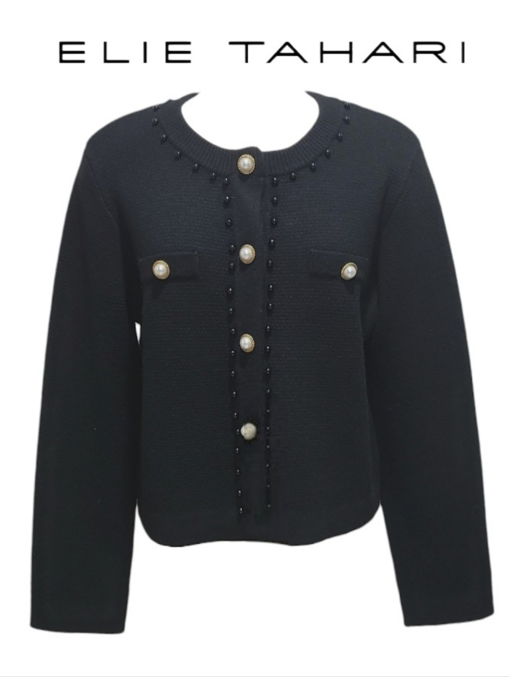 ELIE TAHARI Thick Knit Cardigan Classic Black Pearl Buttons Sz L